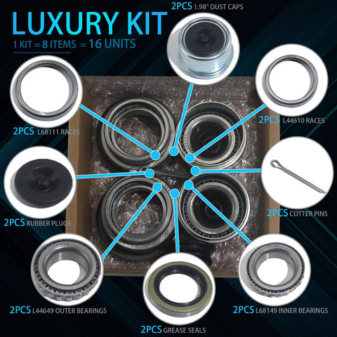 Overhead view of Two Sets 3500 Lb Trailer Axle Bearing Kit for 1-1/16 to 1-3/8 inch spindles with bearings, races, dust covers, and more.