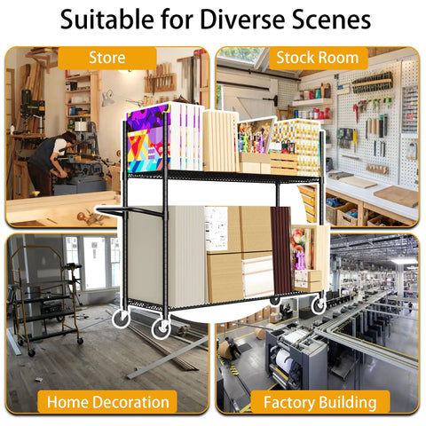 No Sweat Heavy Duty Metal Rolling Cart For Cardboard Box Storage two tier in diverse settings like store, stock room, home decoration, and factory.