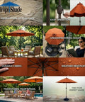 Collage of outdoor patio scenes featuring an orange umbrella with a heavy duty 30 pound cast iron umbrella base and Euro Deco pattern.