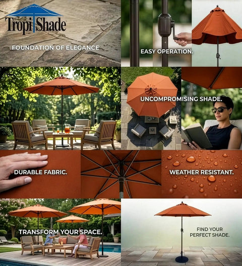 Collage of outdoor patio scenes featuring an orange umbrella with a heavy duty 30 pound cast iron umbrella base and Euro Deco pattern.