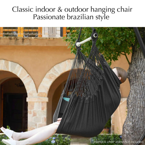 Hammock Chair Hanging Rope Swing For Indoor Outdoor Patio And Bedroom Night Gray Polycotton Blend Durable Soft Fabric setup