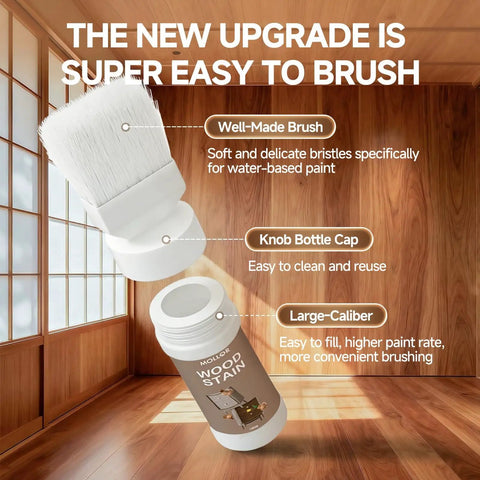Red Oak All In One Wood Stain And Sealer With Integrated Dripless Brush showing a brush and can in a wooden interior.