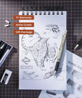0.7mm Art Mechanical Pencil Set with Storage Case, sketchbook with drawings, drafting pencils, and accessories