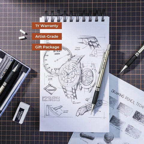 0.7mm Art Mechanical Pencil Set with Storage Case, sketchbook with drawings, drafting pencils, and accessories