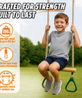 Child on Kids Trapeze Bar With 18 Inch Adjustable Height And Gym Rings For Swing Sets Ninja Warrior Obstacle Course Jungle Gym Playground Attachments Durable Easy Install Backyard Fun in use outdoors.