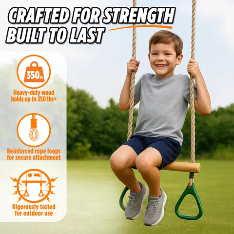 Child on Kids Trapeze Bar With 18 Inch Adjustable Height And Gym Rings For Swing Sets Ninja Warrior Obstacle Course Jungle Gym Playground Attachments Durable Easy Install Backyard Fun in use outdoors.