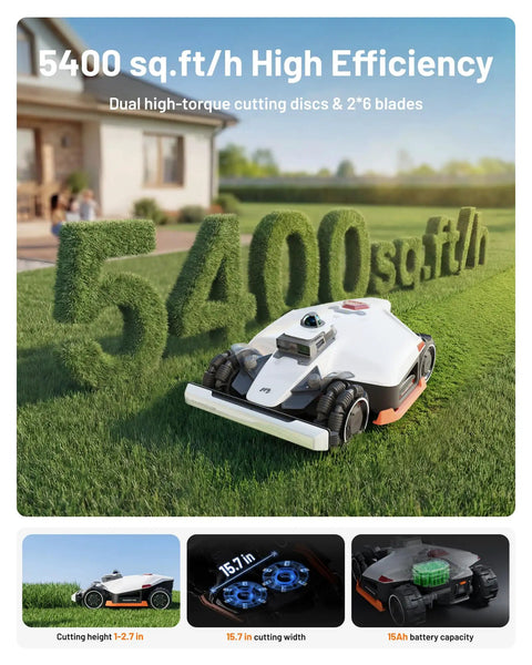LUBA 3 AWD 5000 Boss Robotic Lawn Mower Ultimate Kit on lawn with 5400 sq.ft/h efficiency text in background