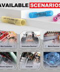 Heat Shrink Butt Connector Kit 22-10 AWG, 100 Pcs Waterproof Crimp Splice Terminals for various wiring scenarios shown