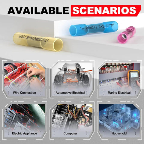 Heat Shrink Butt Connector Kit 22-10 AWG, 100 Pcs Waterproof Crimp Splice Terminals for various wiring scenarios shown