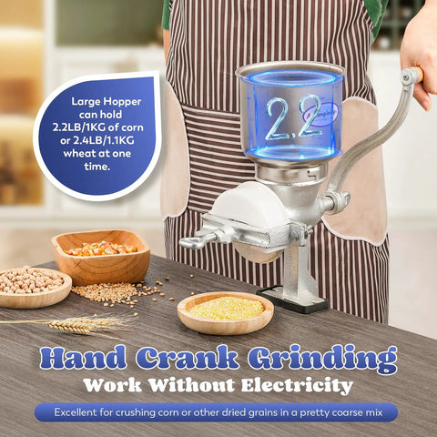 Cast Iron Manual Grain Mill Hand Grinder With Large Hopper for corn, barley, wheat, coffee, chickpeas, and home brewing.