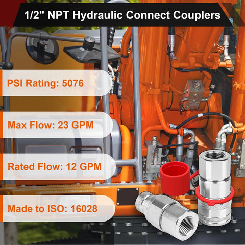 Rpeconu 1/2 in NPT skid-steer hydraulic couplers, flat-face ISO16028, silver, 2 dust covers