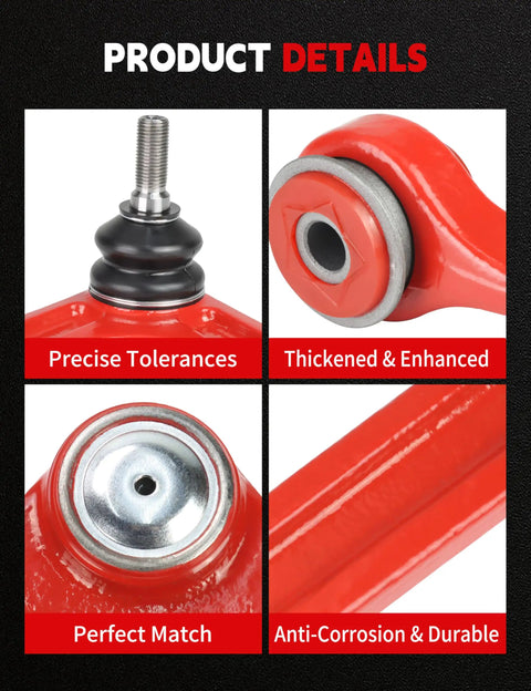 Ram 1500 4WD Front End Suspension Kit 12pc showing red polyurethane bushings, ball joint close-up, and anti-corrosion features.