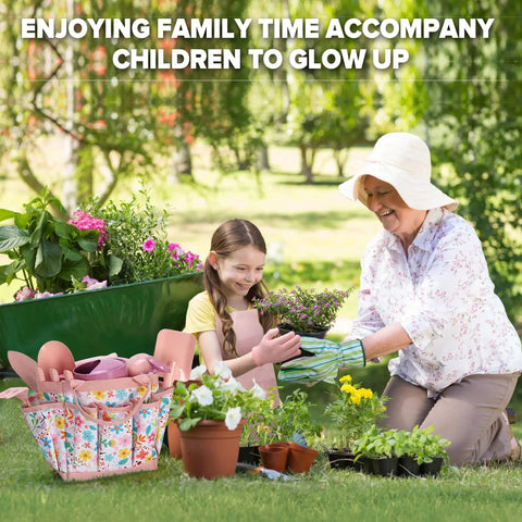 Grandmother and child gardening with Kids Garden Gear 14-Piece Tool Kit With Tote Bag Watering Can Apron Rake Shovel Trowel Gloves Garden Book