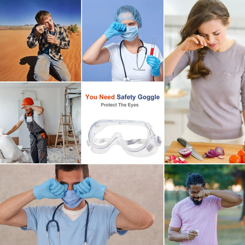 People performing various tasks like construction and onion cutting; promoting 3 Pack Safety Goggles Over Glasses Protective Eyewear.
