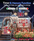 House decorated with 1000 LED Outdoor Christmas String Lights 403 Ft With 8 Modes IP44 Waterproof Fairy Lights in cold white.