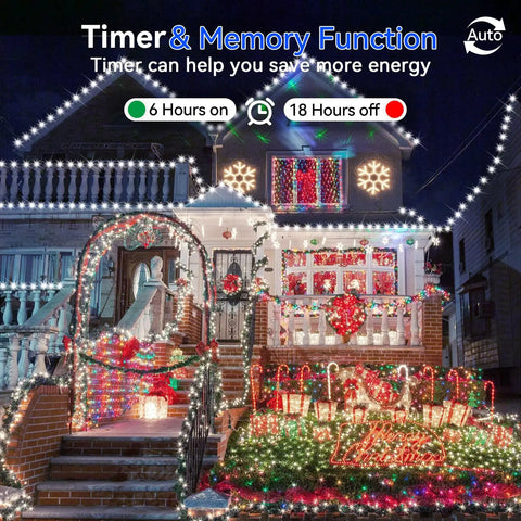 House decorated with 1000 LED Outdoor Christmas String Lights 403 Ft With 8 Modes IP44 Waterproof Fairy Lights in cold white.