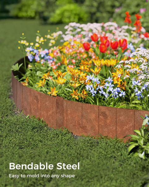 Cor-Ten Garden Edging Border Set, 6 Pack 5.5 Inch Tall by 40 Inch Long Panels, Pre-Rusted No-Dig Hammer-In around flower bed