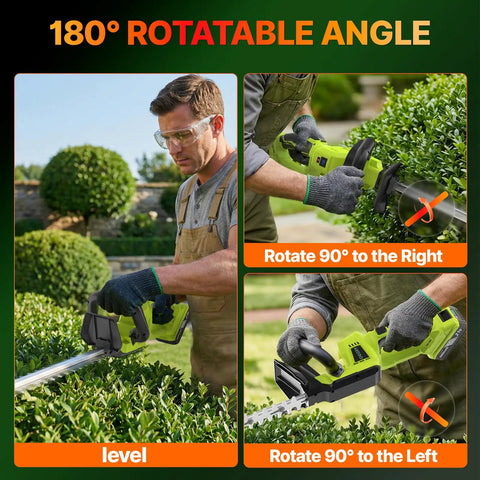Person using Cordless 20 Inch Brushless Hedge Trimmer with 2x3.0Ah Battery, 21V Electric Bush And Shrub Trimmer, showing rotating handle