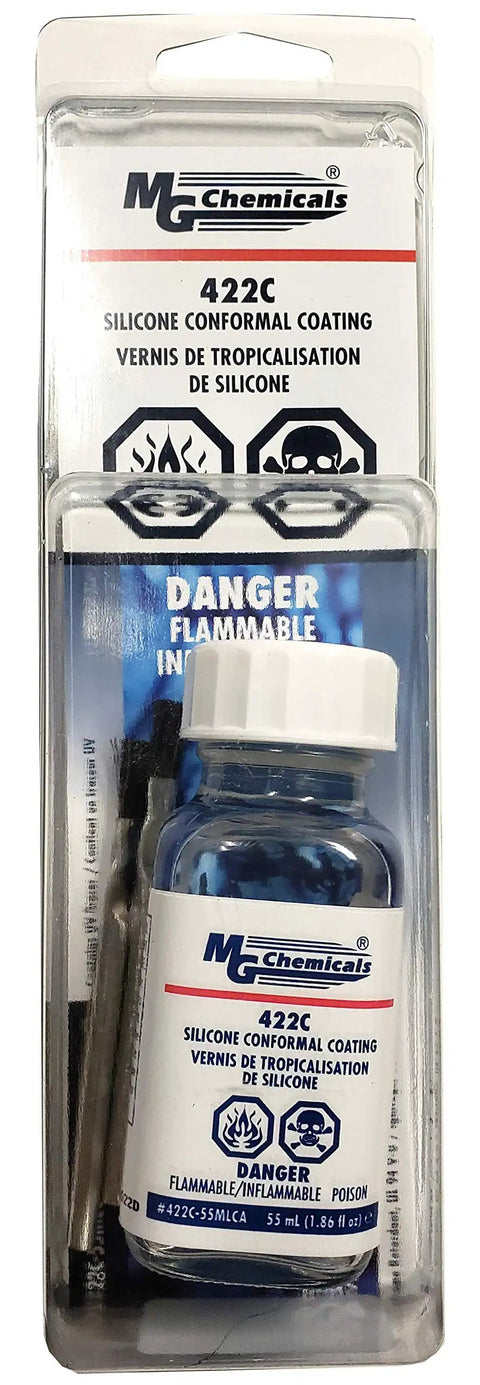 Silicone Conformal Coating 422C, 55 mL Bottle For Electronics in package with caution labels, protects against moisture, dust, and corrosion.