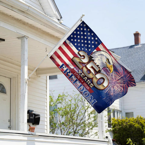 Double Sided 3x5 Ft Patriotic USA Flag With 2 Brass Grommets For Independence Day Celebration 250th Anniversary 1776 2026 Heavy Duty Vintage American Flag For Home Decor And Patriot Gift displayed on porch
