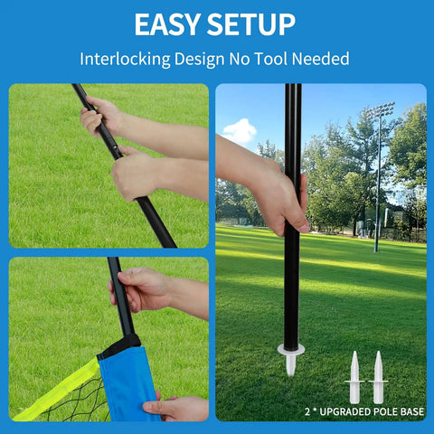 Portable 32ft Regulation Size Outdoor Volleyball Net Set System For Backyard Or Beach With Height Adjustable Poles PU Volleyball And Pump Carry Bag Boundary Line No Fuss Quick Setup And Anti Sagging showing easy setup with interlocking poles on grass
