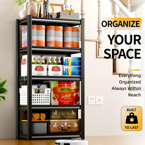 Heavy Duty Steel Storage Shelves 5 Tier Garage Shelving Unit 2 Pack 2000 Lbs Capacity in home setting with organized items.