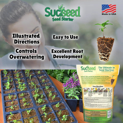 SucSeed Premium Seed Starter For Fast Germination And Strong Seedling Growth, shown with tray of seedlings