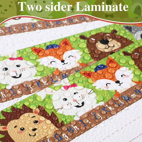 Kid Friendly Desk Labels Pack, 40 Reusable Woodland Themed Name Plates with Alphabet and Numbers, close-up of animal design
