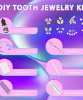 Illustration of Diy Tooth Gem Kit With Safe Crystals, contents including glue, gems, and tools over a colorful background.