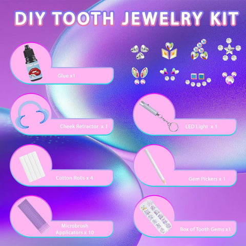 Illustration of Diy Tooth Gem Kit With Safe Crystals, contents including glue, gems, and tools over a colorful background.