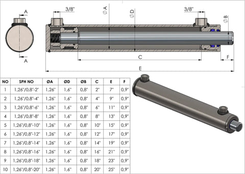 Double Acting Hydraulic Cylinder With 1.26 Inch Tube And 0.8 Inch Chrome Rod, 2 Inch Stroke, Pro Grade Durability For Heavy Duty Industrial Use, Built Tough With Honed Steel Tube And Hard Chrome Piston Rod For Peak Reliability. technical drawing