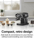 Slide And Lock Espresso Machine With Built In Milk Frother Steam Wand 15 Bar Pump Compact Countertop Coffee Maker on kitchen counter.