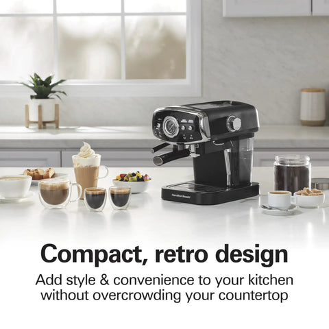 Slide And Lock Espresso Machine With Built In Milk Frother Steam Wand 15 Bar Pump Compact Countertop Coffee Maker on kitchen counter.