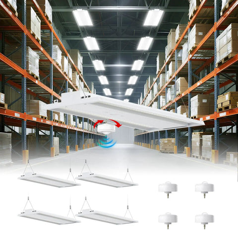 4 Pack 300W LED Linear High Bay Shop Lights With Motion Sensor for warehouse, 45000 Lumens, 5000K Daylight, UL Listed, installed view