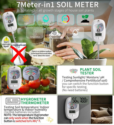 7 In 1 Soil Tester Kit With Dual LCD Readouts For Moisture, pH, Fertility And Digital Soil Temperature, Air Temperature And Humidity For Indoor Outdoor Plants, Garden, Lawn Or Farm Great For DIYers measuring plant soil next to vegetables.