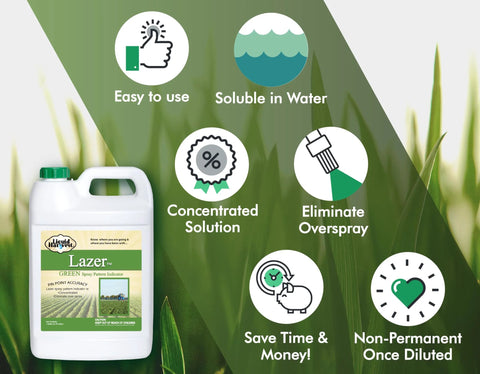 Liquid Harvest Lazer Green spray pattern indicator in a one-gallon white plastic bottle with green cap