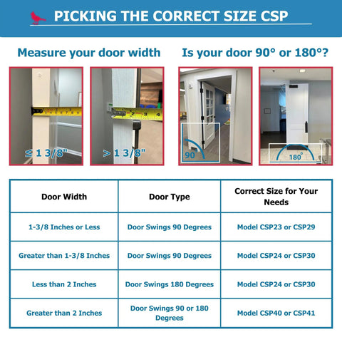 Measurement guide for selecting PinchNot 90 Degree Door Pinch Guard For Kid Safe Living, showing door width and swing angle options.