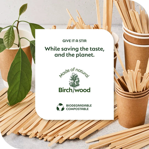 Multiple 7 Inch Wood Coffee Stir Sticks 1000 Pack Eco Friendly Stirring Sticks displayed with potted plant and cups.