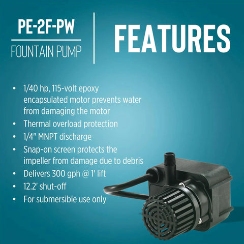 Powerful Workhorse Compact Submersible Fountain Pump For Small Ponds And Water Features, 115 Volt, One Fortieth HP, 300 GPH