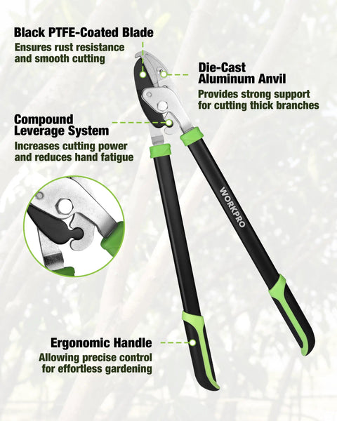 24 inch anvil lopper from 3 Piece Garden Shears Set For Pruning And Hedge Trimming with PTFE-coated blade and ergonomic handle