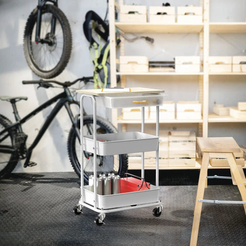 3 Tier Rolling Utility Cart With Drawer And Wood Tabletop Maple Finish Slick Mobile Side Table And Nightstand Slim Storage Trolley For Bedroom Bathroom Office And Art Supplies Easy Roll Casters in a garage setting