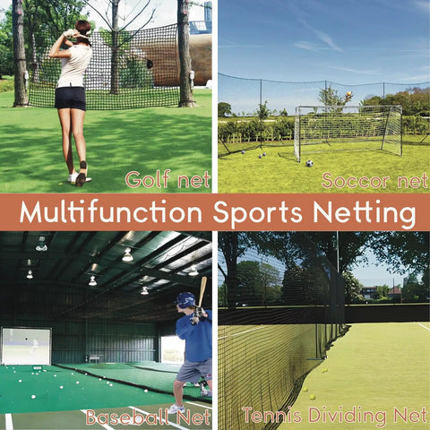 Multifunction sports netting for golf, soccer, baseball, tennis; heavy-duty nylon use indoors/outdoors, black 10x10ft.