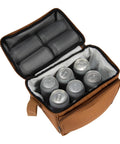 Top view of Rugged Insulated Lunch Box For Men, Soft Shell Cooler Bag with open compartments showing canned drinks inside.