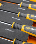 Close-up of 9 Piece Phillips Screwdriver Set With Dual Material Handles in foam tray, non slip black oxide tips visible