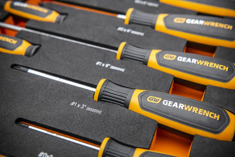 Close-up of 9 Piece Phillips Screwdriver Set With Dual Material Handles in foam tray, non slip black oxide tips visible