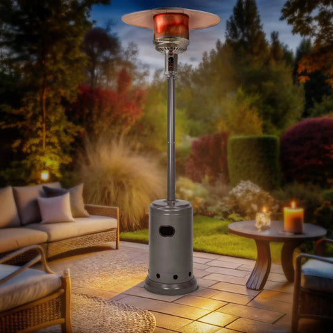 46,000 BTU Portable Outdoor Propane Patio Heater With Wheels, Adjustable Heat Output, 9 Foot Radius, Slate Gray, on a patio