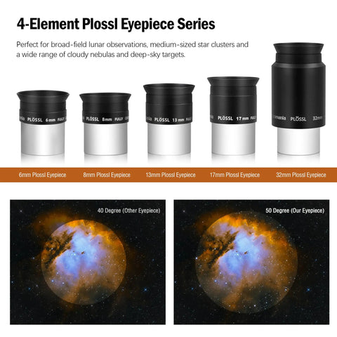 Deluxe 14 Piece 1.25 Inch Telescope Accessory Kit With Plossl Eyepieces lineup showing different focal lengths for any 1.25 inch scope.