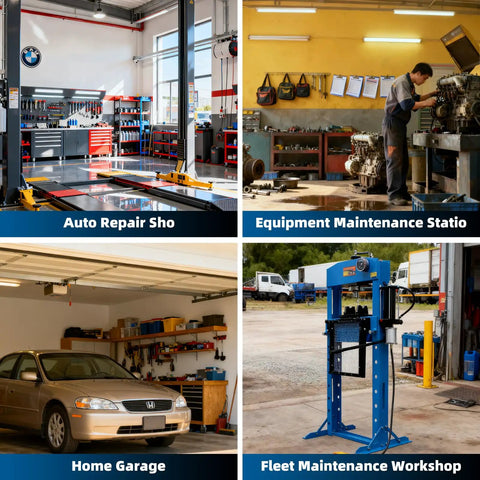 Heavy Duty 30 Ton Hydraulic Shop Press With Fully Welded H Frame And Protective Grid Guard Boasting Air And Manual Dual Operation For Rugged Garage Work in a fleet maintenance workshop.