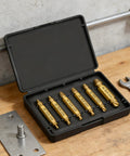 Open case displaying 6 Piece Damaged Screw Extractor Set With HSS Drill Bits for removing stripped, broken, frozen, rusted screws.