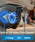 50 Ft Retractable Extension Cord Reel with 14AWG SJTOW Cable, black and blue, mounted in workshop, features 13A circuit breaker